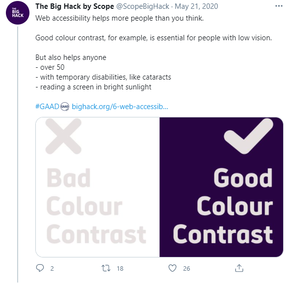 Image from a tweet by “The Big Hack by Scope” showing an example of bad colour contrast and good colour contrast.